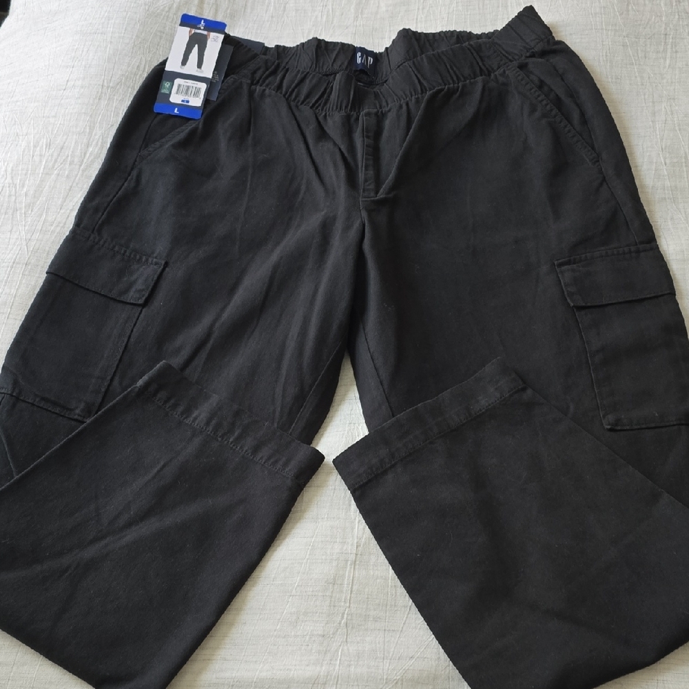Gap Twill Cargo Pants Elastic Waist Utility Pockets Size:Large Black